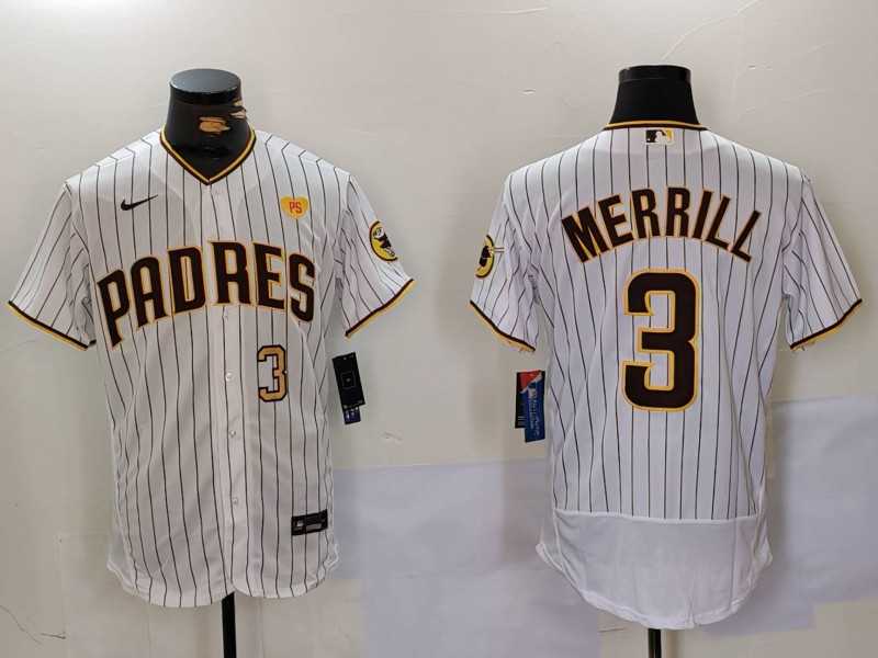 Men%27s San Diego Padres #3 Jackson Merrill White With PS Patch Stitched Flex Base Jerseys